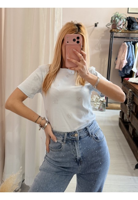 Maglia t shirt cuori strass celeste