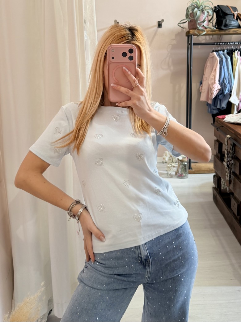 Maglia t shirt cuori strass celeste