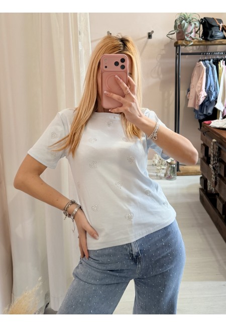 Maglia t shirt cuori strass celeste