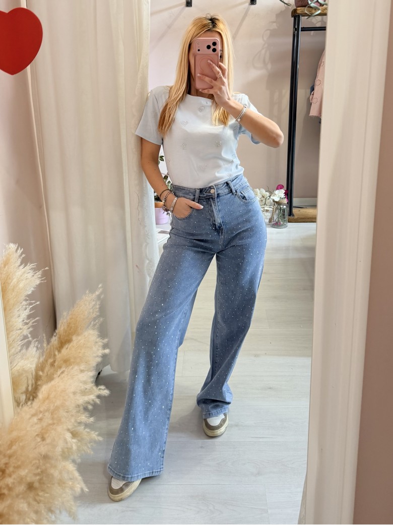 Maglia t shirt cuori strass celeste