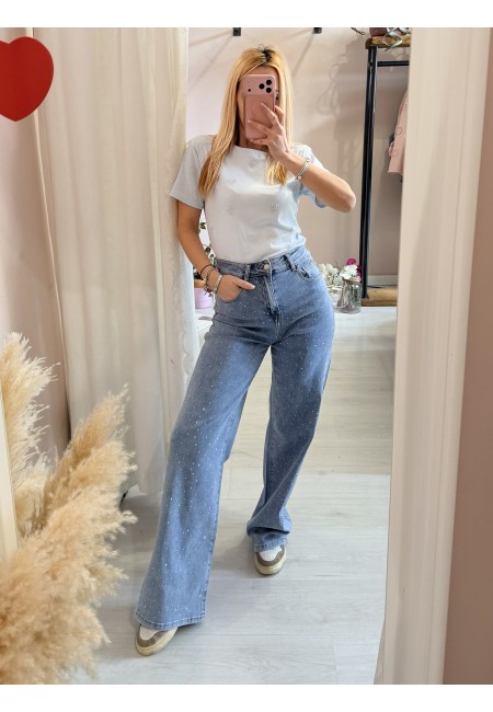 Maglia t shirt cuori strass celeste