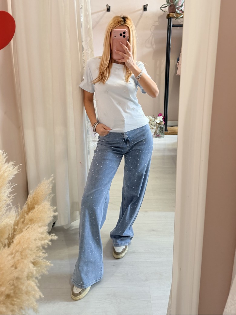 Maglia t shirt cuori strass celeste
