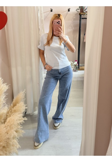 Maglia t shirt cuori strass celeste
