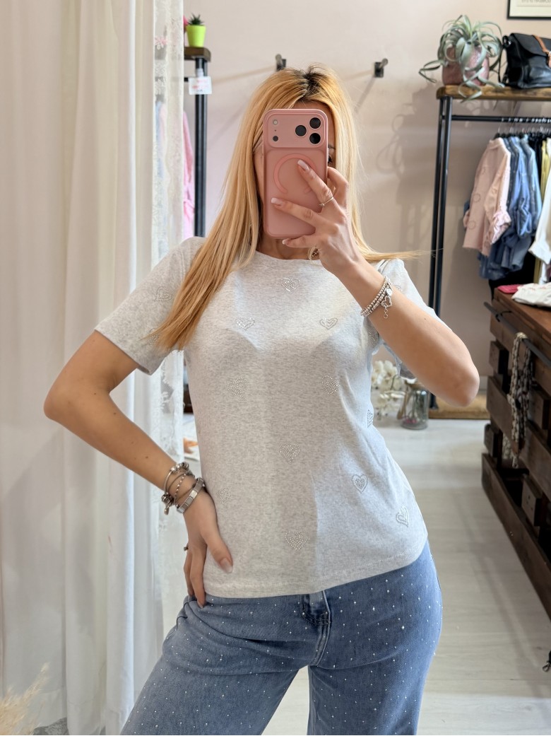 Maglia t shirt cuori strass grigia