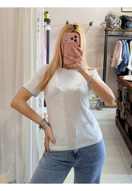 Maglia t shirt cuori strass grigia