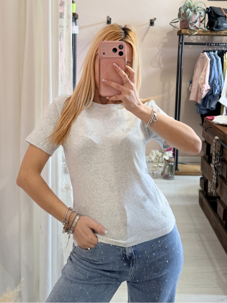 Maglia t shirt cuori strass grigia