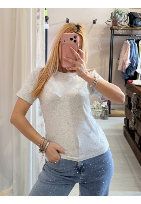 Maglia t shirt cuori strass grigia