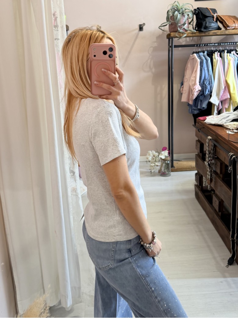 Maglia t shirt cuori strass grigia