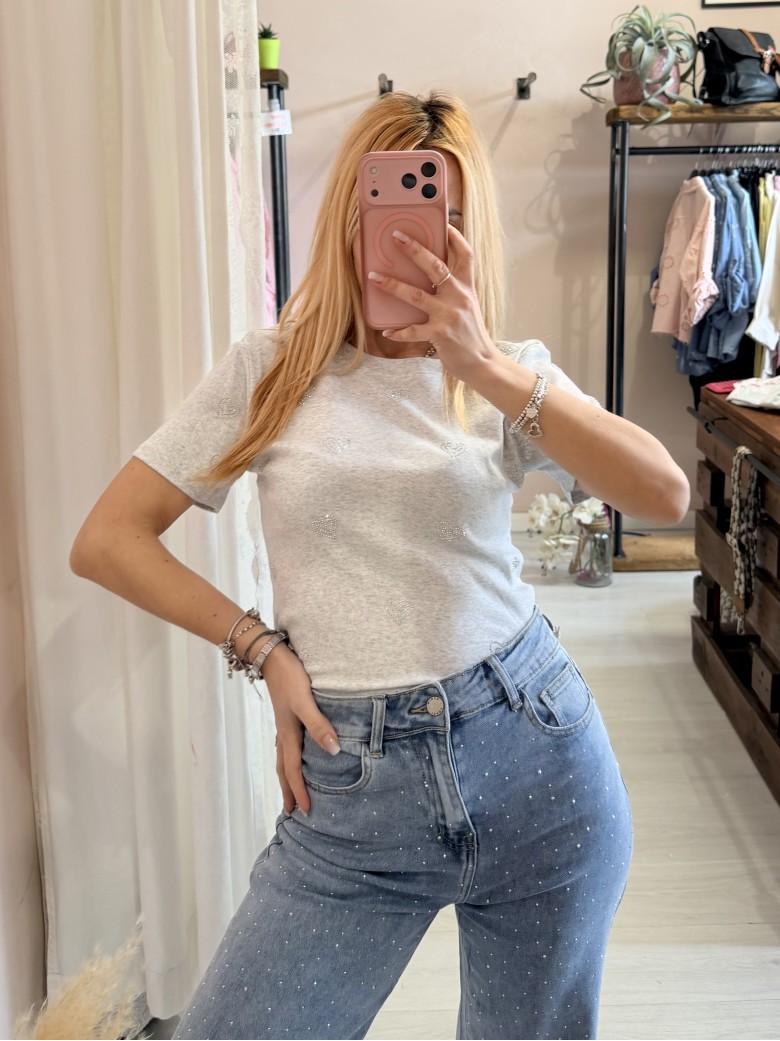 Maglia t shirt cuori strass grigia