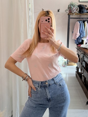 Maglia t shirt cuori strass rosa