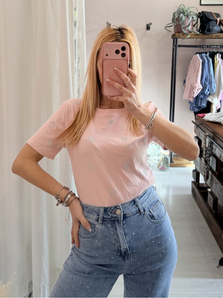 Maglia t shirt cuori strass rosa
