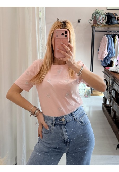 Maglia t shirt cuori strass rosa