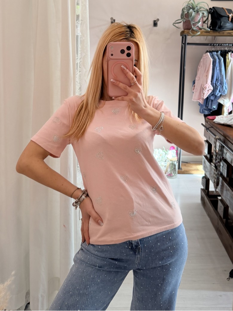 Maglia t shirt cuori strass rosa