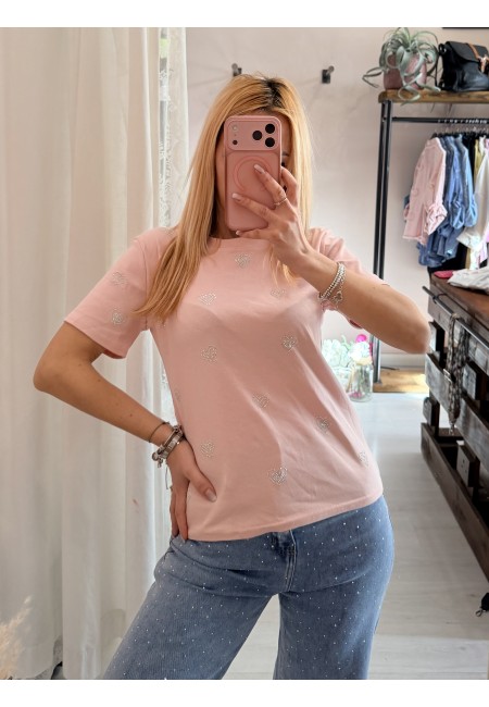 Maglia t shirt cuori strass rosa