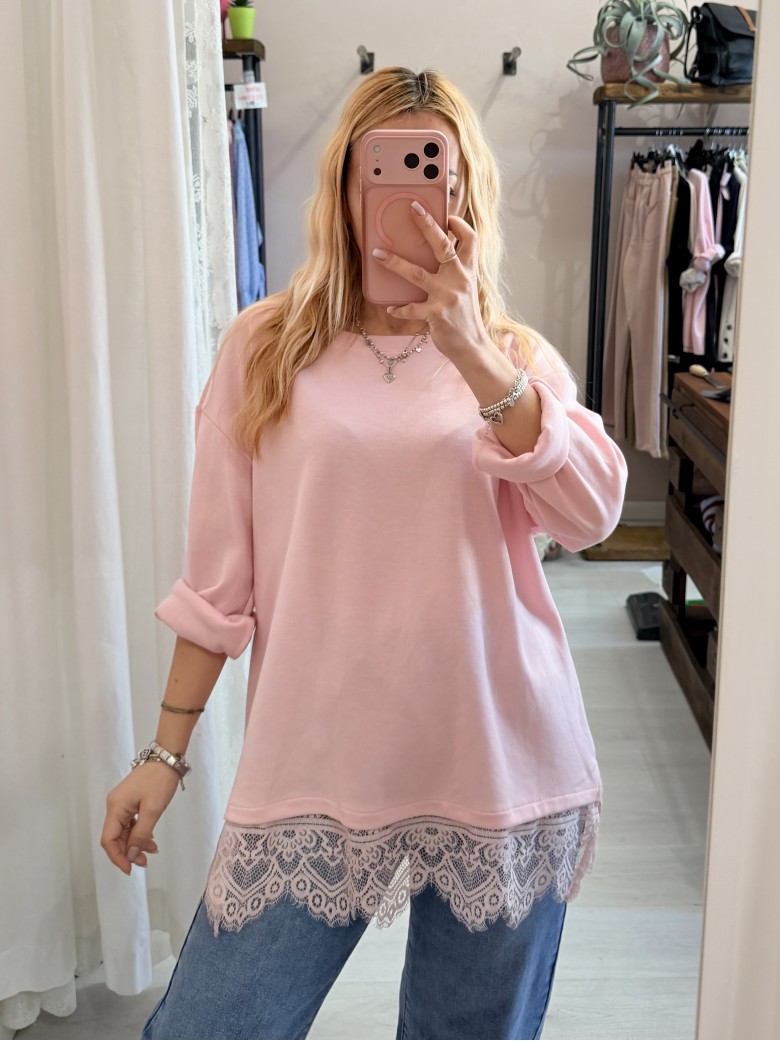 Maxi maglia morbida con pizzo rosa