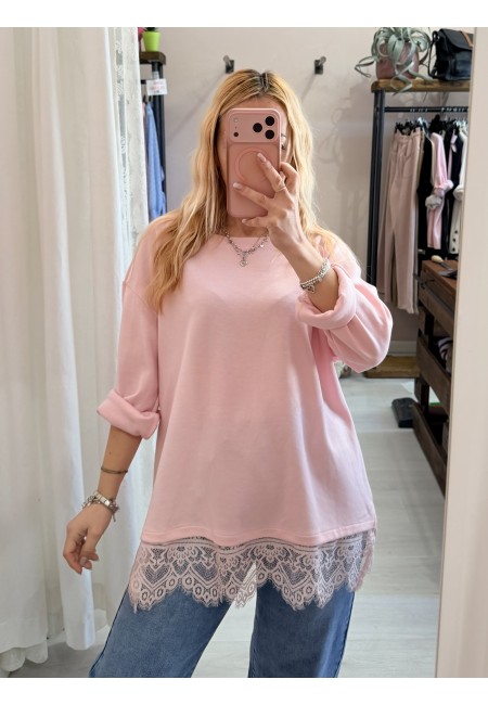 Maxi maglia morbida con pizzo rosa