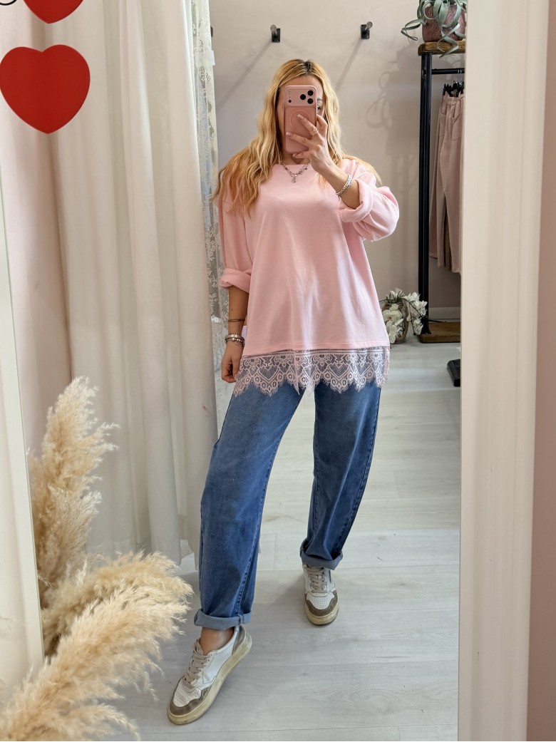Maxi maglia morbida con pizzo rosa