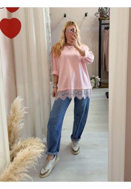 Maxi maglia morbida con pizzo rosa