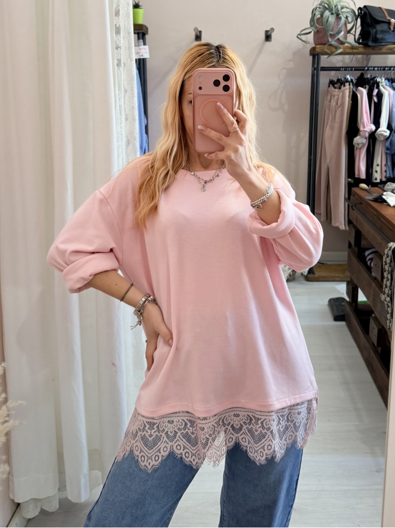 Maxi maglia morbida con pizzo rosa