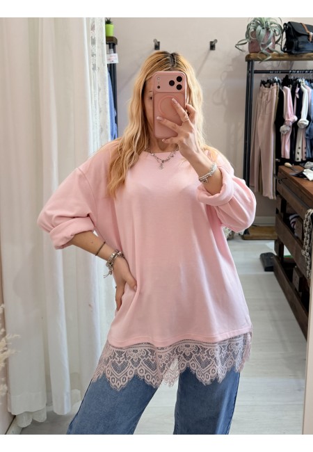 Maxi maglia morbida con pizzo rosa