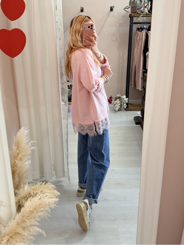 Maxi maglia morbida con pizzo rosa