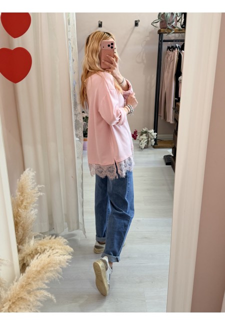 Maxi maglia morbida con pizzo rosa