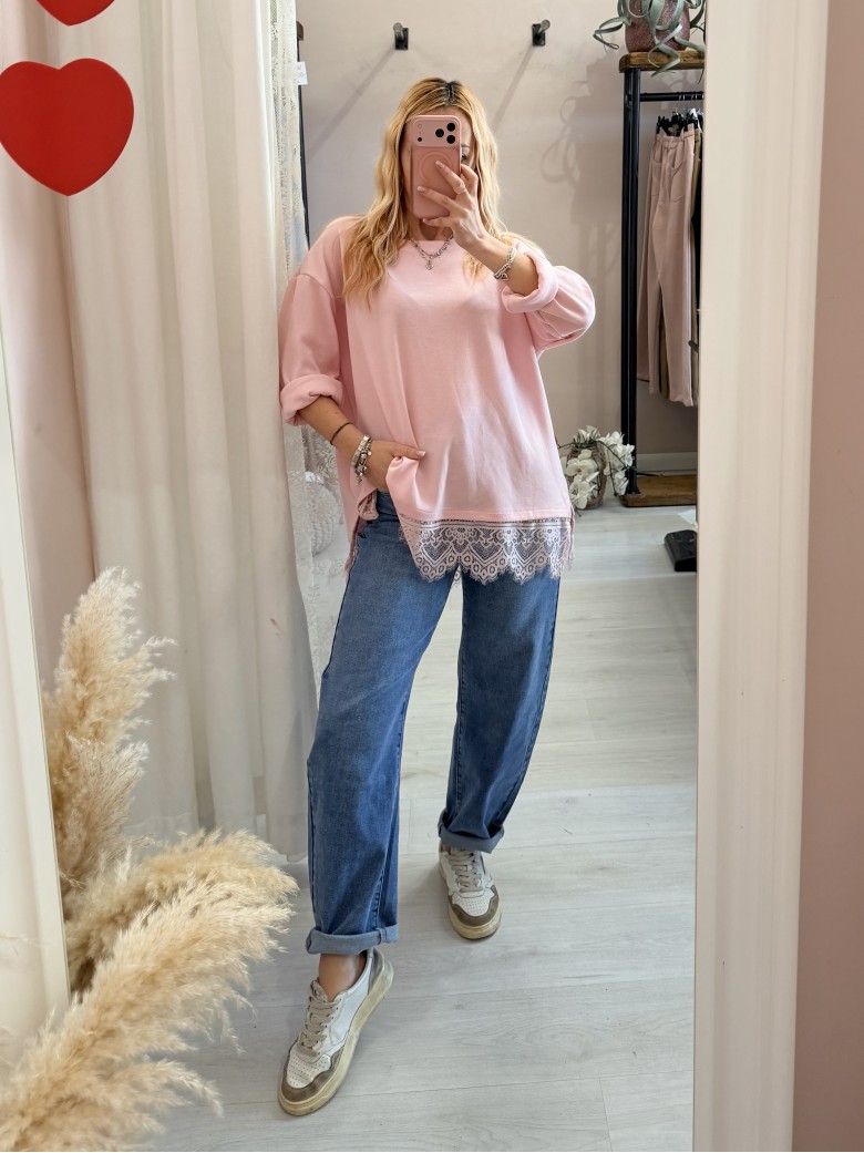 Maxi maglia morbida con pizzo rosa