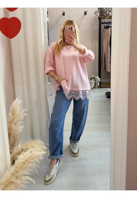 Maxi maglia morbida con pizzo rosa