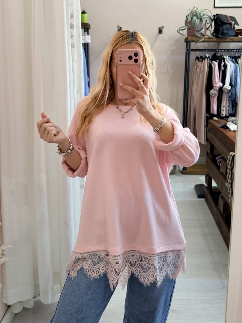 Maxi maglia morbida con pizzo rosa