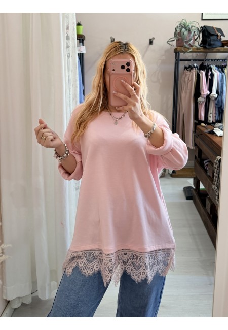 Maxi maglia morbida con pizzo rosa