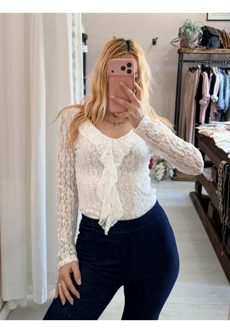 Maglia scollo con ruches in pizzo bianca