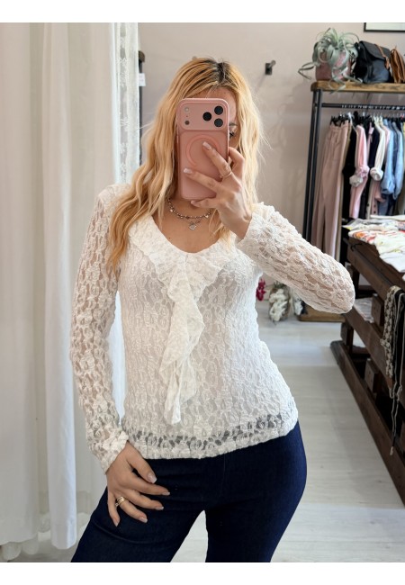 Maglia scollo con ruches in pizzo bianca