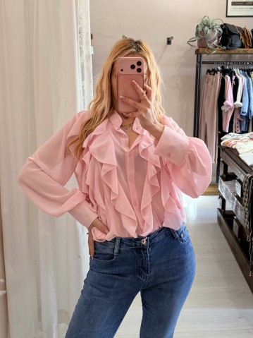 Camicia con ruches e bottoncini rosa