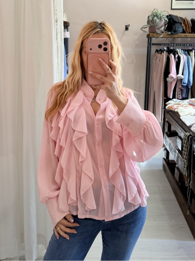 Camicia con ruches e bottoncini rosa