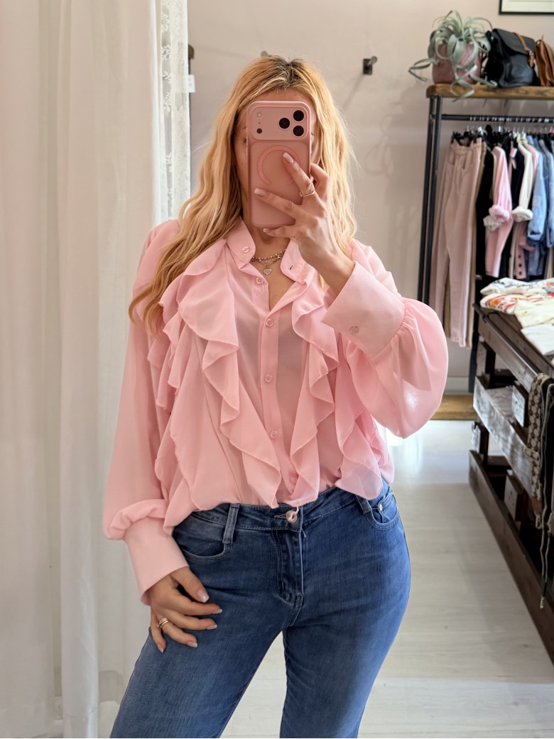 Camicia con ruches e bottoncini rosa
