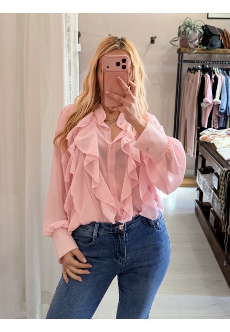Camicia con ruches e bottoncini rosa