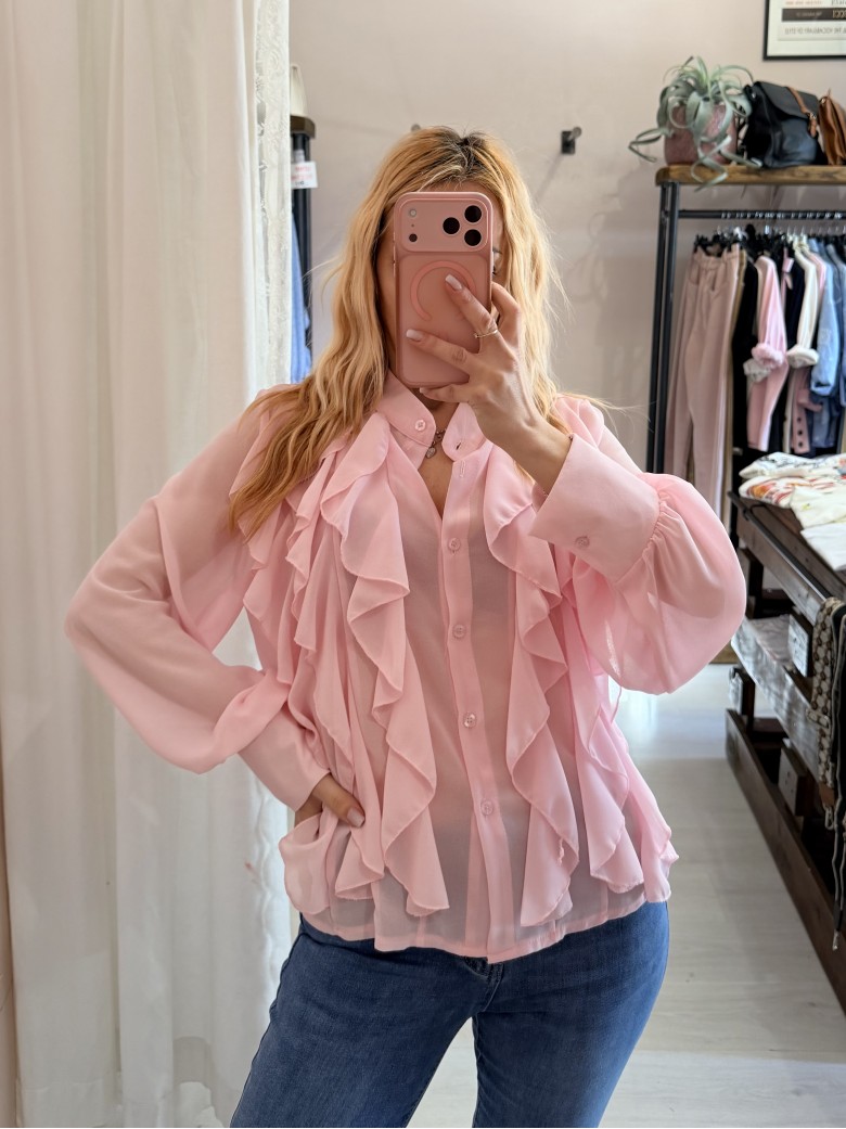 Camicia con ruches e bottoncini rosa
