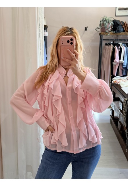 Camicia con ruches e bottoncini rosa