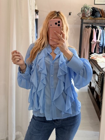 Camicia con ruches e bottoncini azzurra