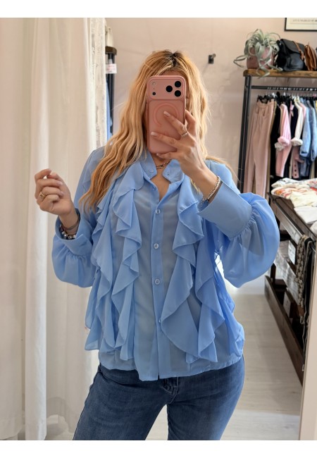 Camicia con ruches e bottoncini azzurra