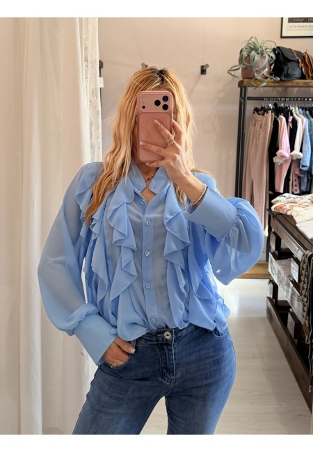 Camicia con ruches e bottoncini azzurra