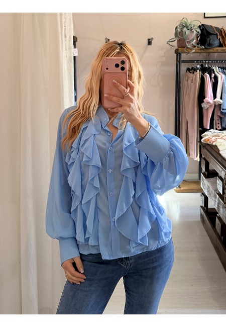 Camicia con ruches e bottoncini azzurra