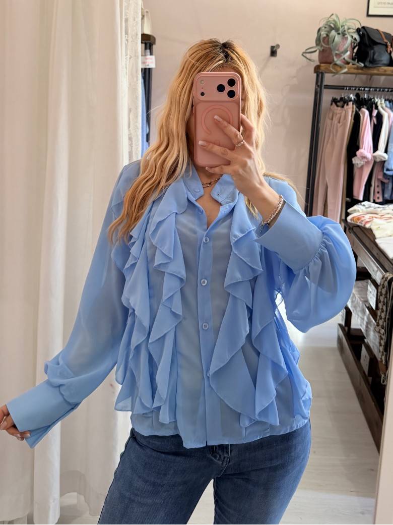 Camicia con ruches e bottoncini azzurra