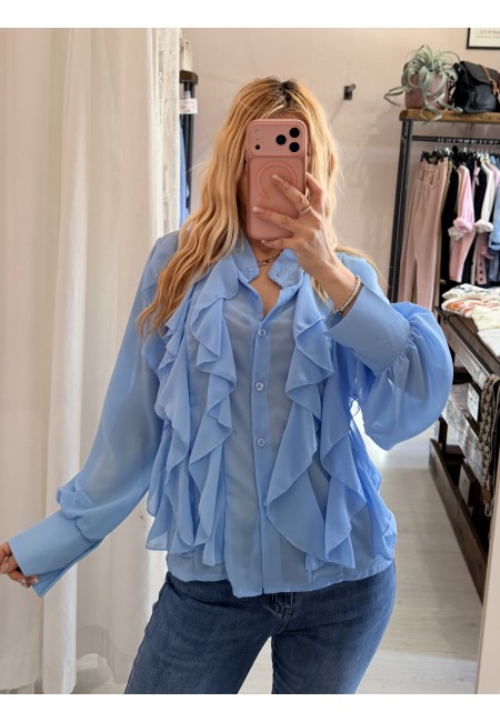 Camicia con ruches e bottoncini azzurra