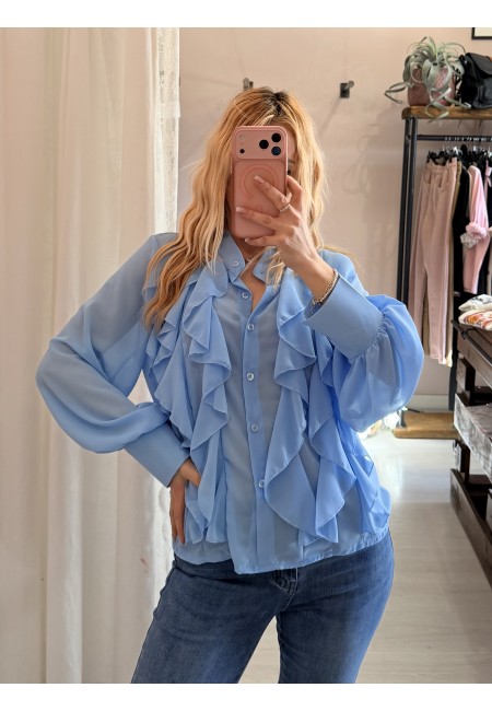 Camicia con ruches e bottoncini azzurra