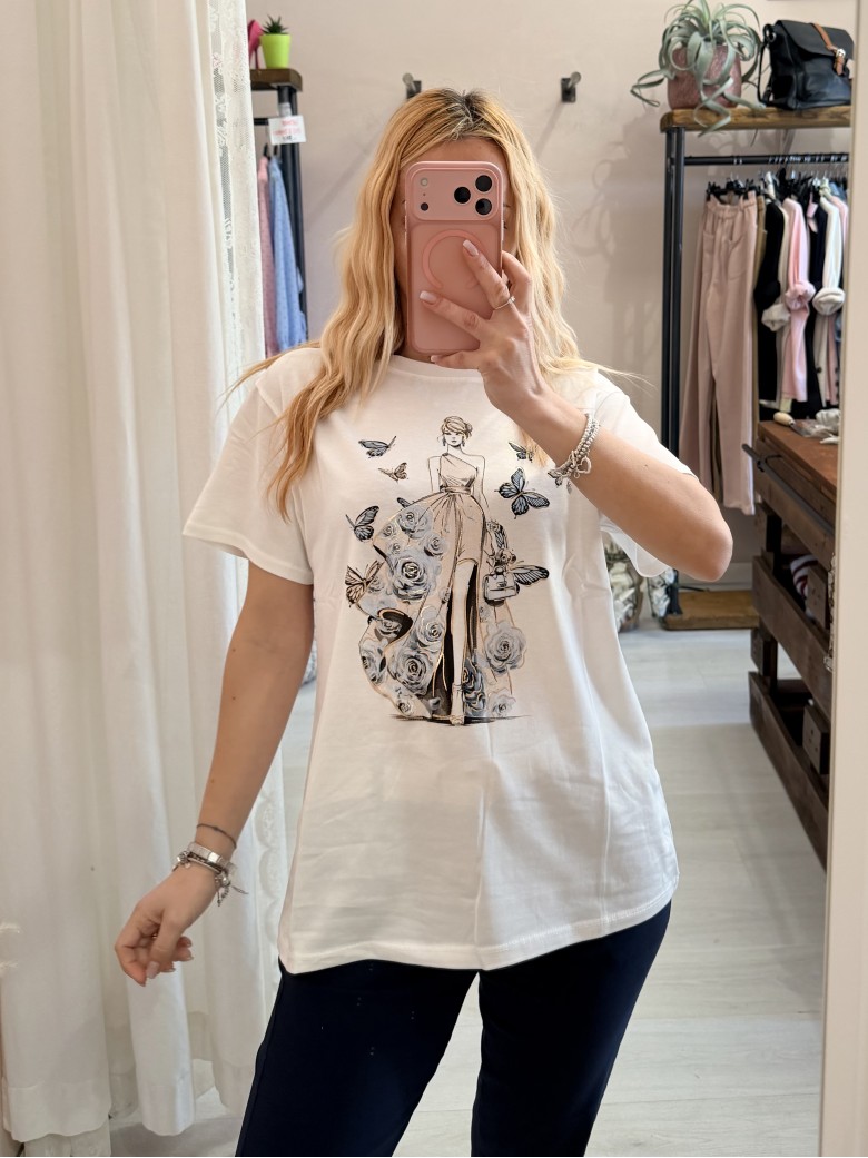 Maglia t shirt RAGAZZA con FARFALLE e rose blu