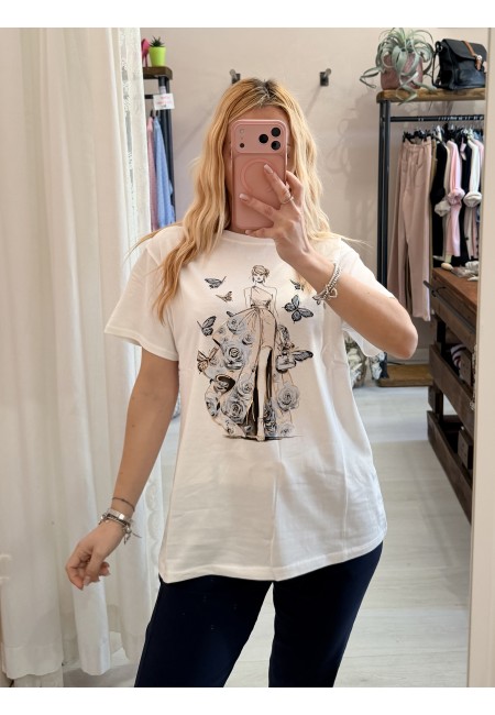 Maglia t shirt RAGAZZA con FARFALLE e rose blu