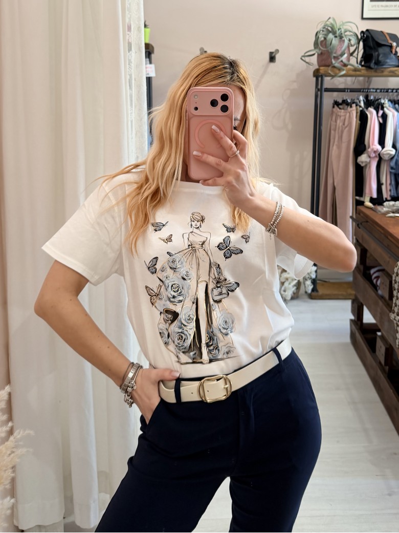 Maglia t shirt RAGAZZA con FARFALLE e rose blu