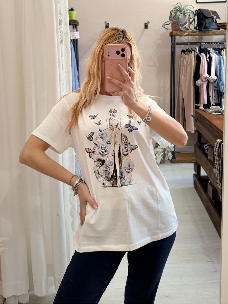 Maglia t shirt RAGAZZA con FARFALLE e rose blu
