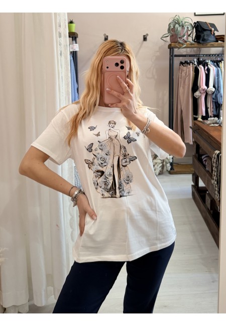 Maglia t shirt RAGAZZA con FARFALLE e rose blu